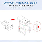 Light grey chair bed assembly diagram showing main body attachment to armrests