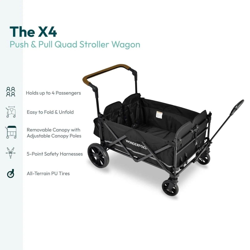 Sapphire navy quad stroller wagon with canopy and 5-point safety harness