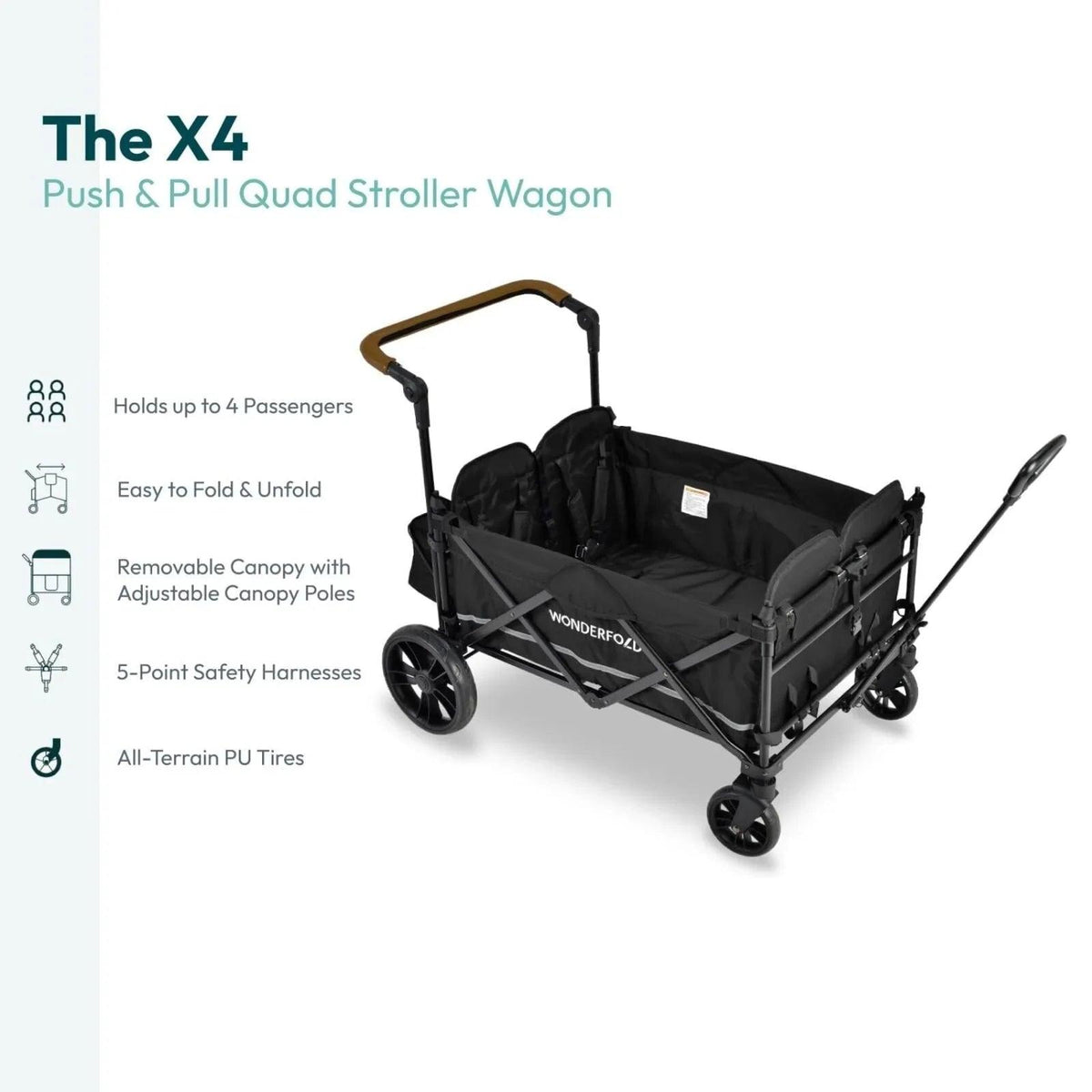 Sapphire navy quad stroller wagon with canopy and 5-point safety harness