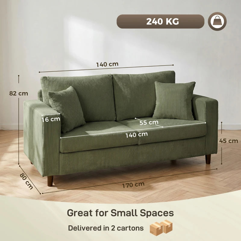 Green corduroy 2-seater sofa with square arms and plush seat cushions