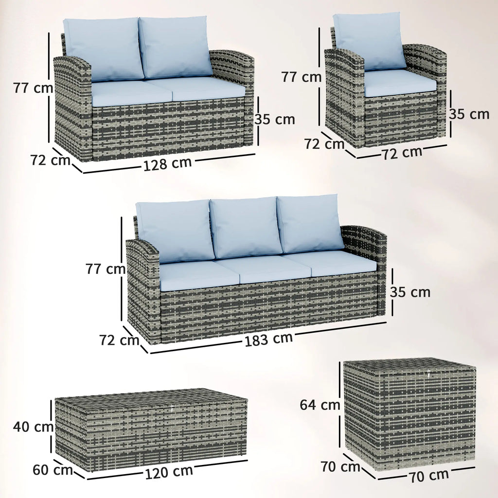 Outsunny 6-Piece Rattan Garden Set, 7-Seater Wicker Outdoor Furniture Set with Storage Tea Table & Side Table