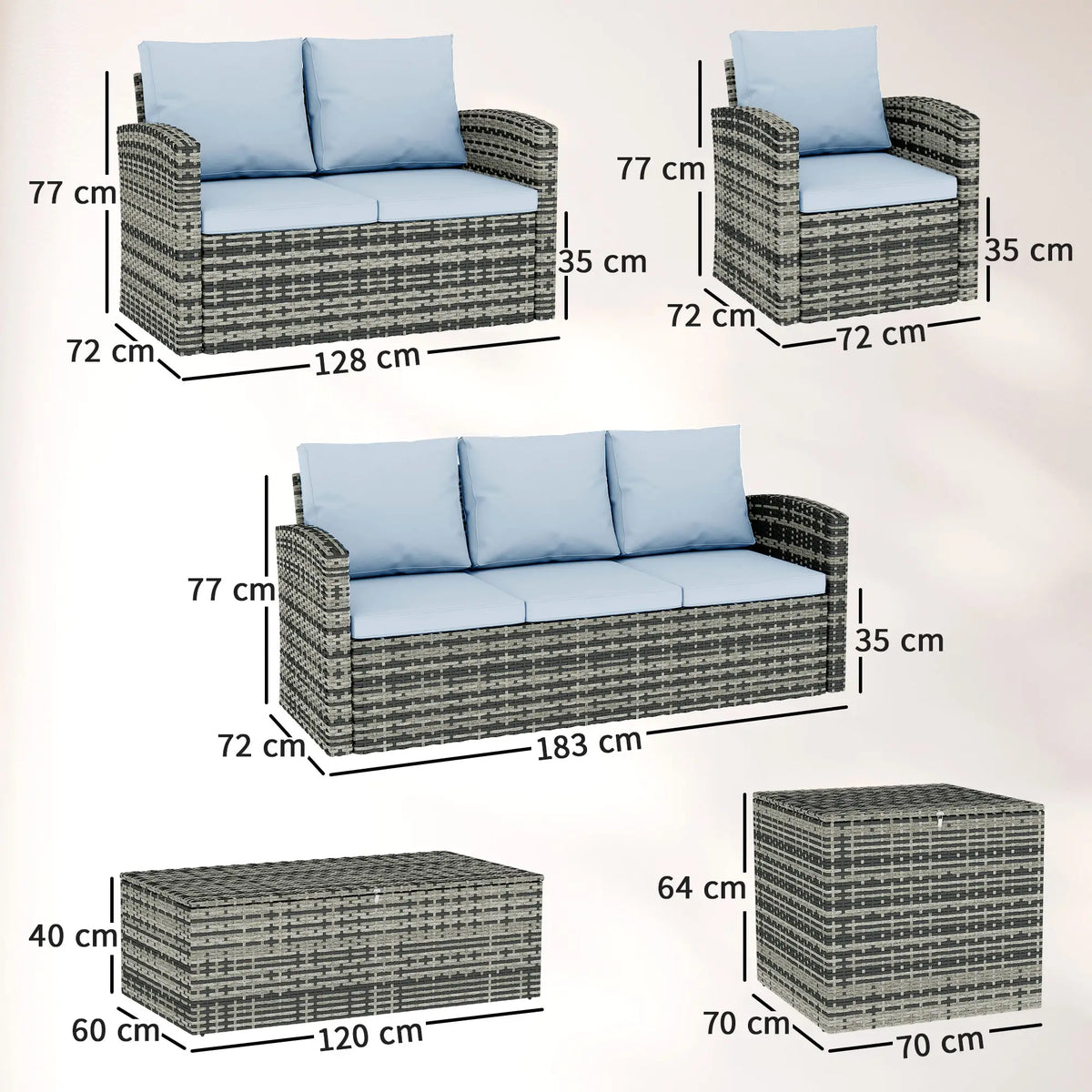 Outsunny 6-Piece Rattan Garden Set, 7-Seater Wicker Outdoor Furniture Set with Storage Tea Table & Side Table