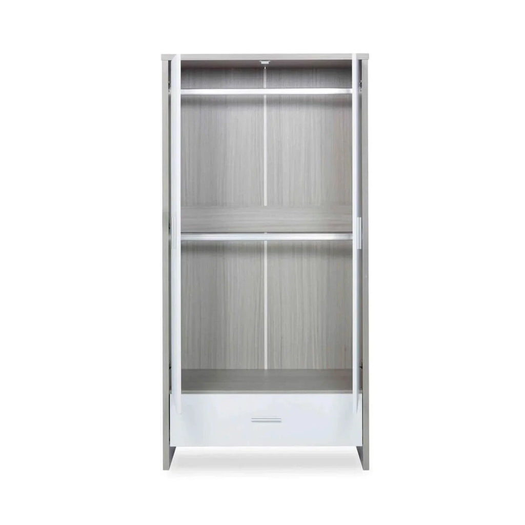 Grey-and-white wardrobe open with shelves and bottom drawer