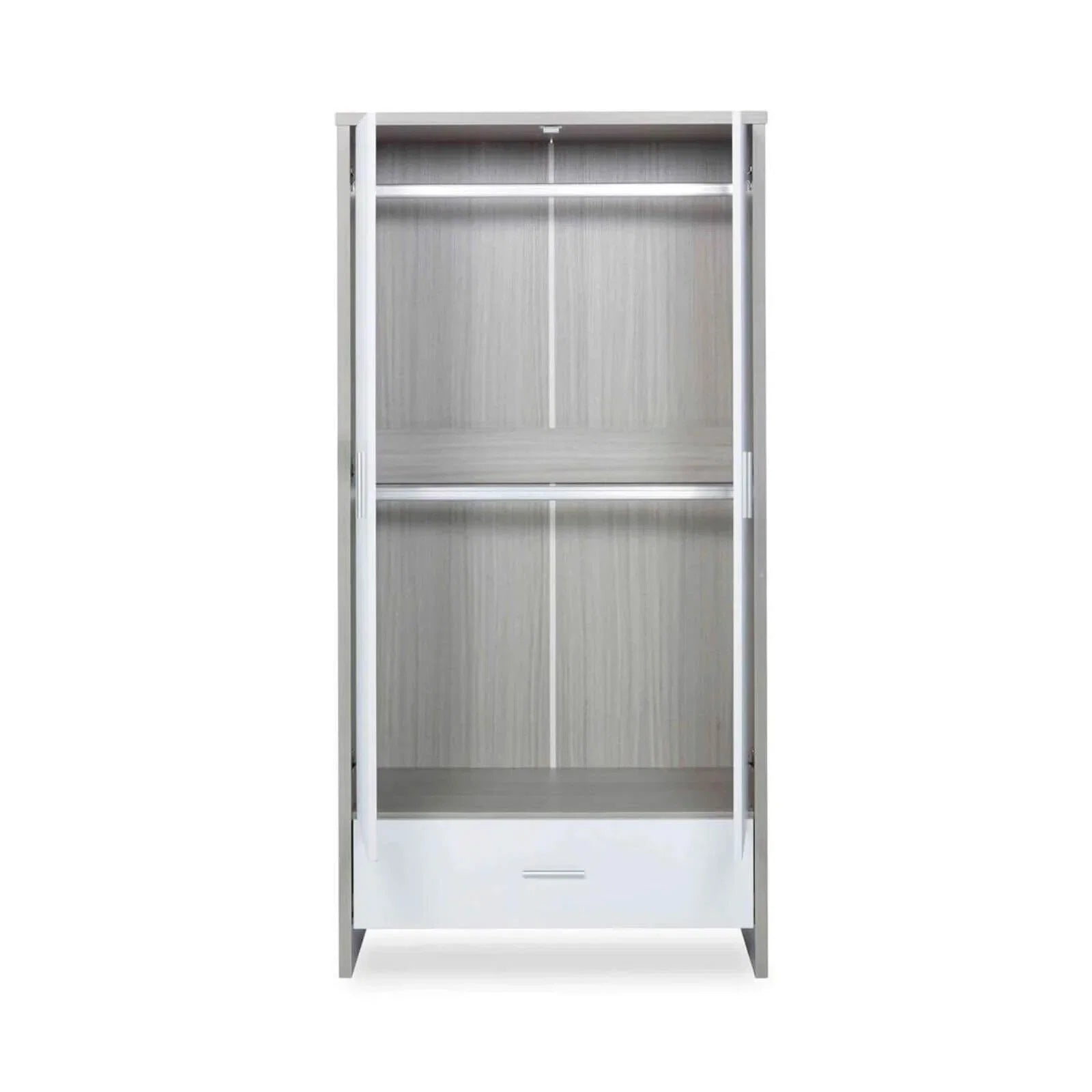 Grey-and-white wardrobe open with shelves and bottom drawer