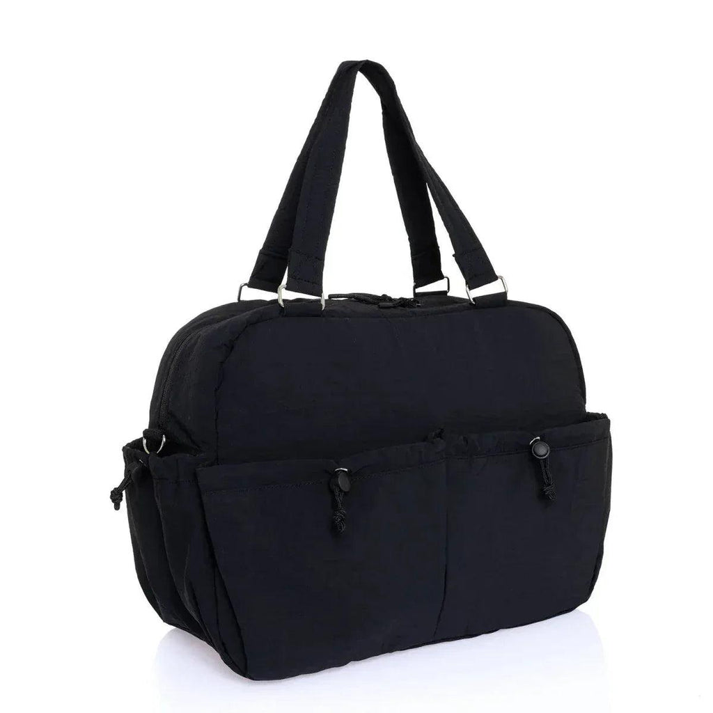 Quilted black shoulder bag with dual top handles and front zip pockets