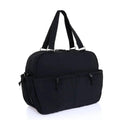 Quilted black shoulder bag with dual top handles and front zip pockets
