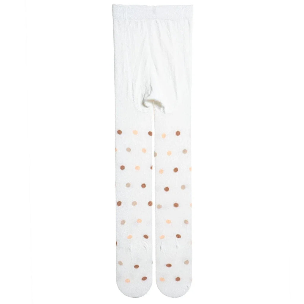 Girls polka dot tights with beige and brown dots; elasticized top cuff