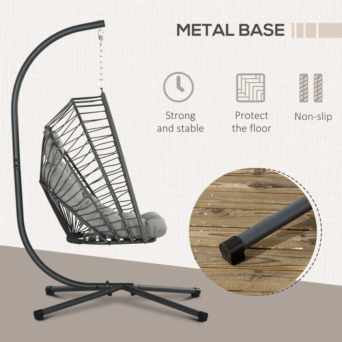 Outsunny Outdoor PE Rattan Swing Chair with Foldable Basket and Cushion, Garden Patio Hanging Egg Chair with Metal Stand