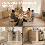 Folding extension dining table with natural wood and white frame, set up for full size use