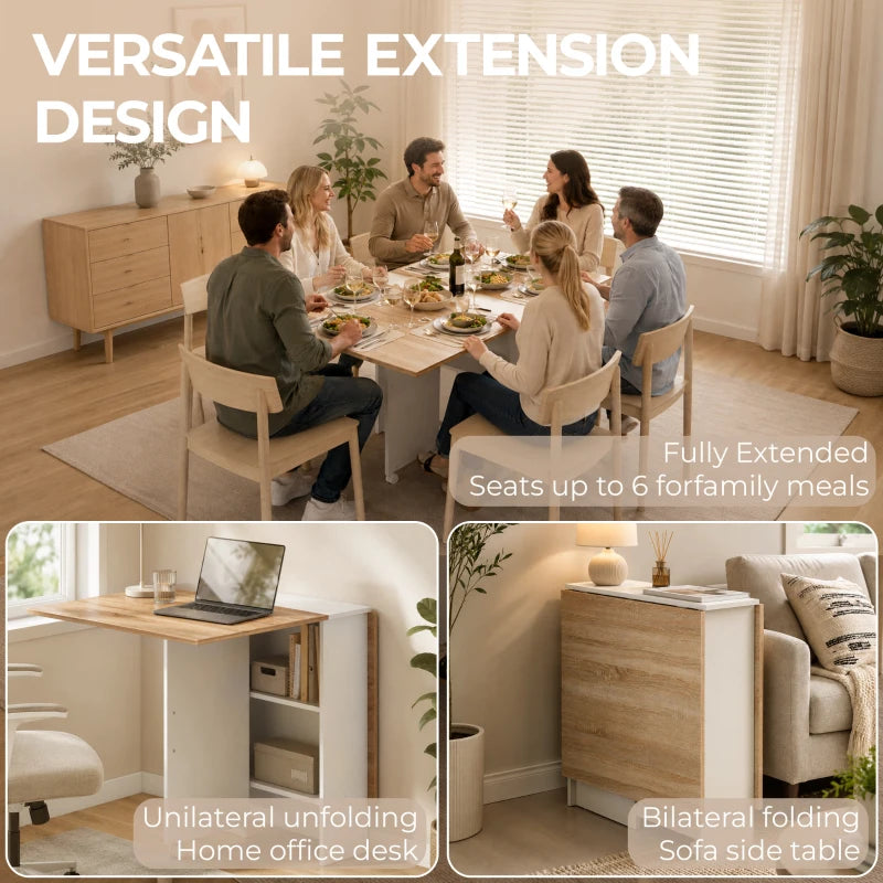 Folding extension dining table with natural wood and white frame, set up for full size use