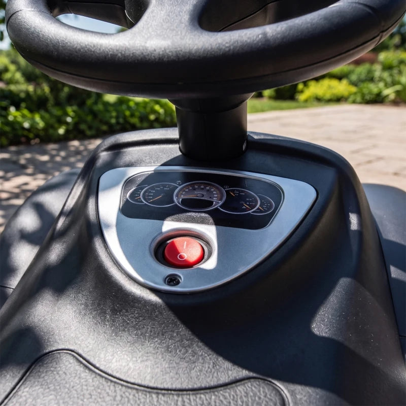 Matte black ride-on push car dashboard with steering controls and red horn button