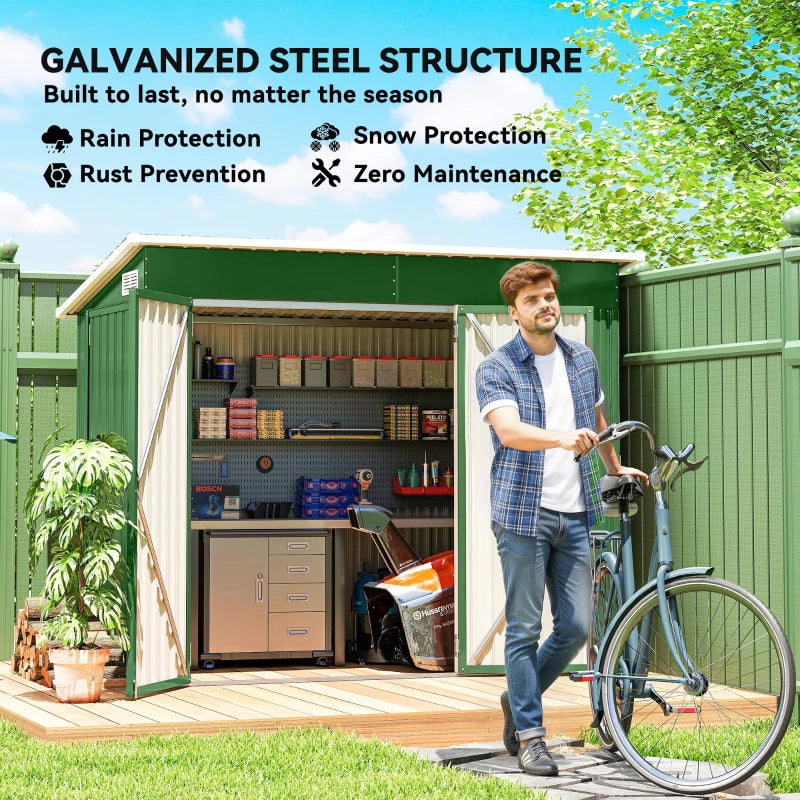 Green metal garden storage shed with open front showing shelves and tools inside