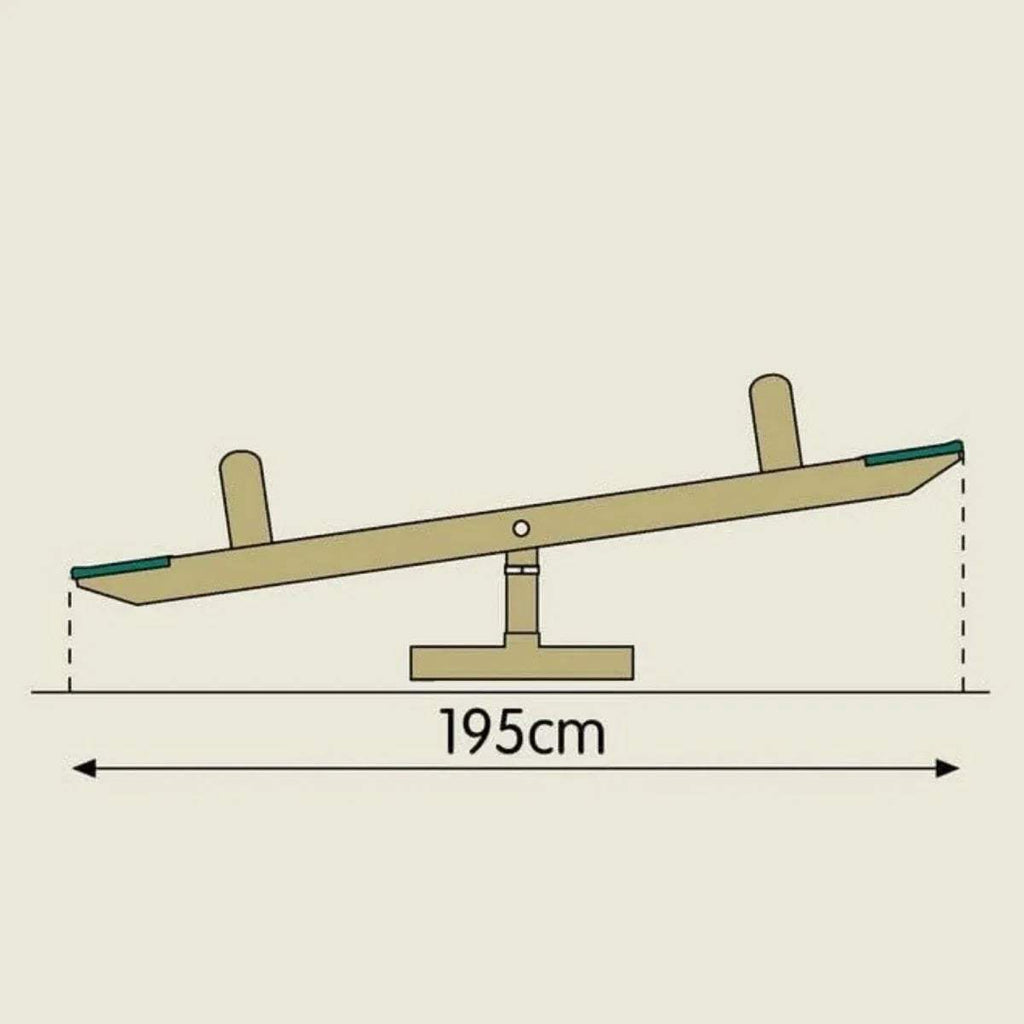 Wooden seesaw balance beam with base supports, 195 cm length shown