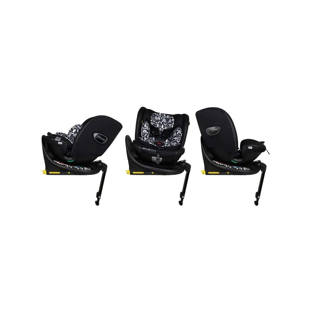 Cosatto i-Size 360 car seat side profile, black frame and animal print inner straps