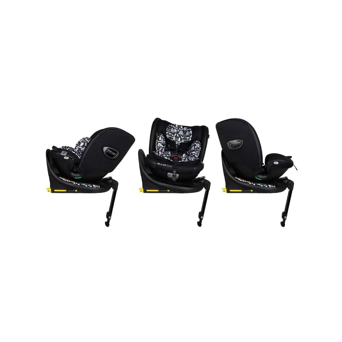 Cosatto i-Size 360 car seat side profile, black frame and animal print inner straps