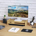 Natural bamboo laptop and monitor stand with drawer front and spacious open storage