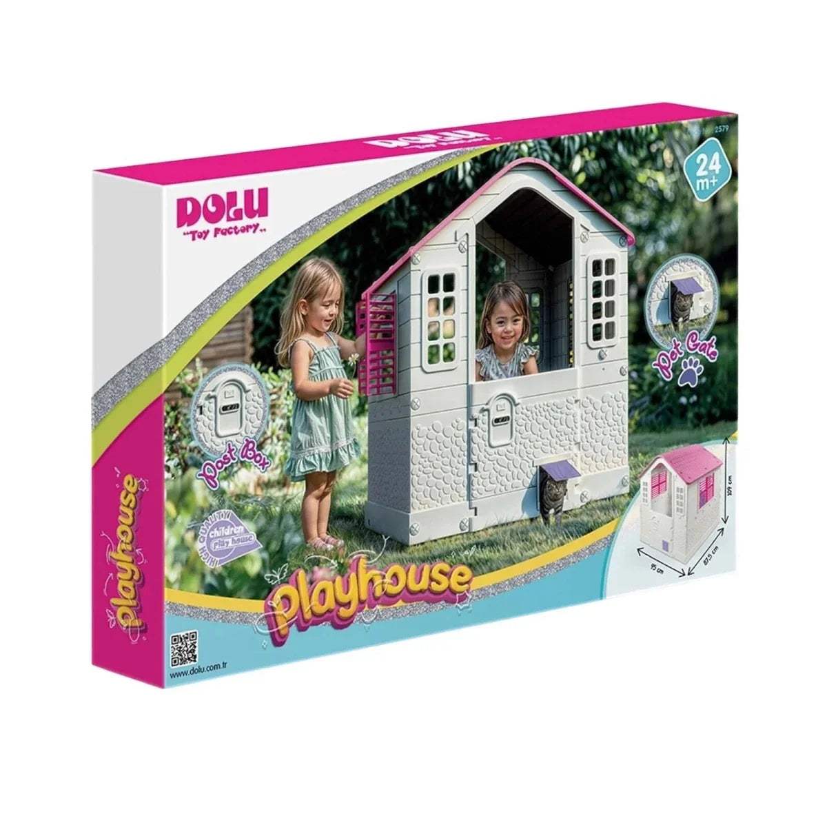 Dolu Playhouse Pink retail box with pet door graphics