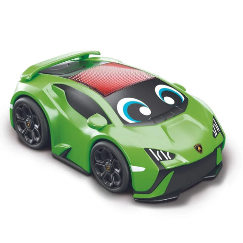Green RC toy car with Lamborghini-style front, red mesh windshield, and large black wheels