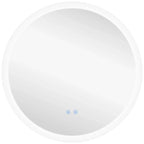 Round bathroom mirror with bright white LED light ring and touch buttons on glass