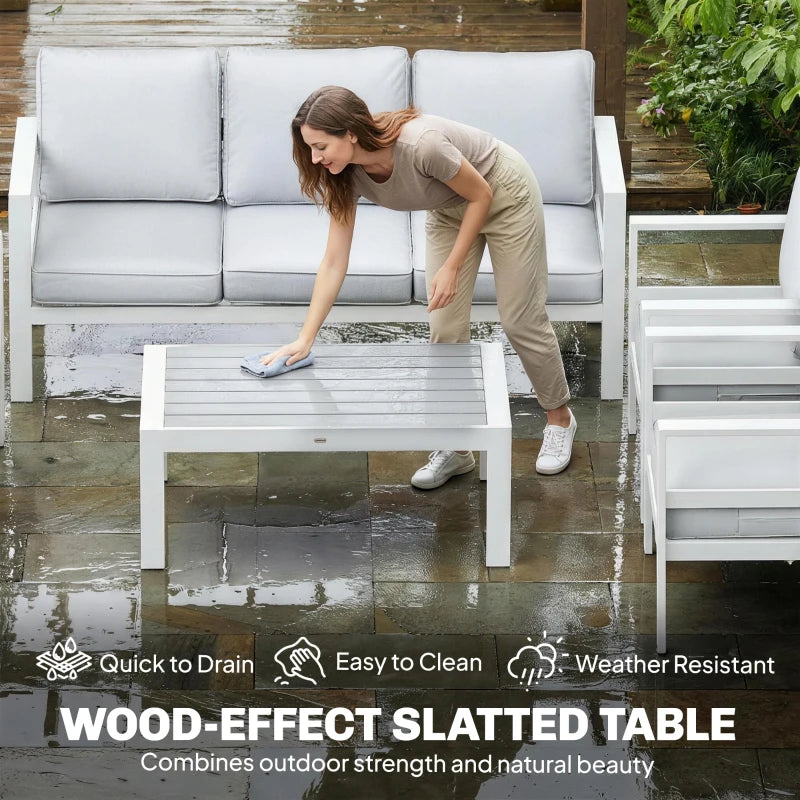 White outdoor sofa with gray cushions beside a wood-effect slatted coffee table