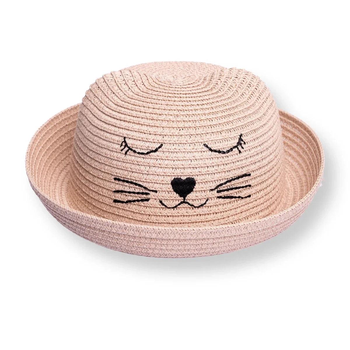 Light pink straw baby hat with wide brim and smiling cat face embroidery