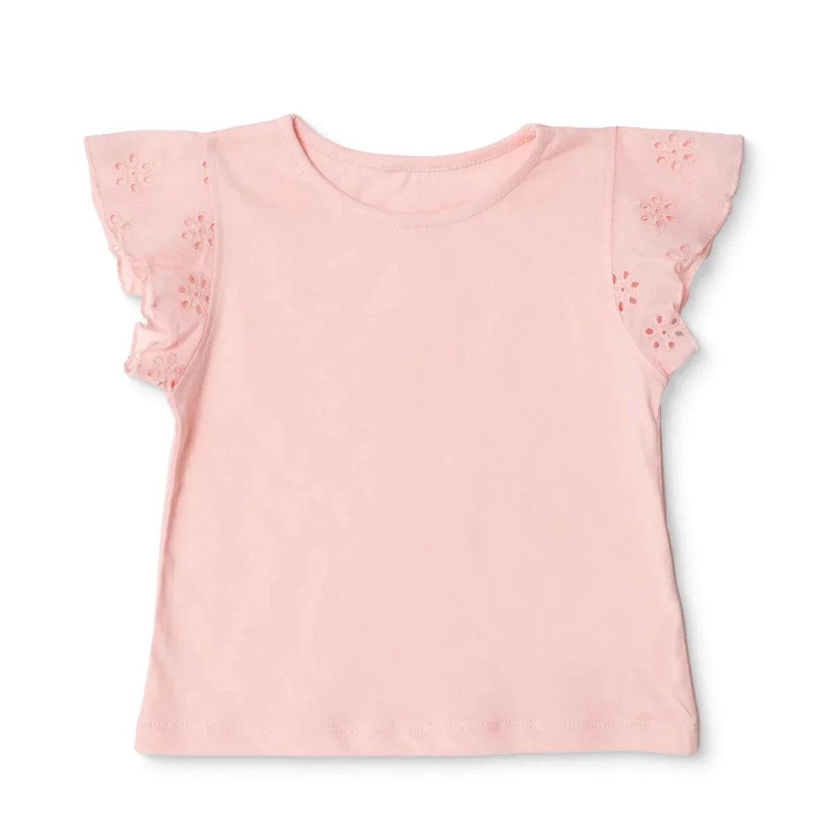 Powder pink short-sleeve jersey baby top with eyelet ruffle sleeve detail
