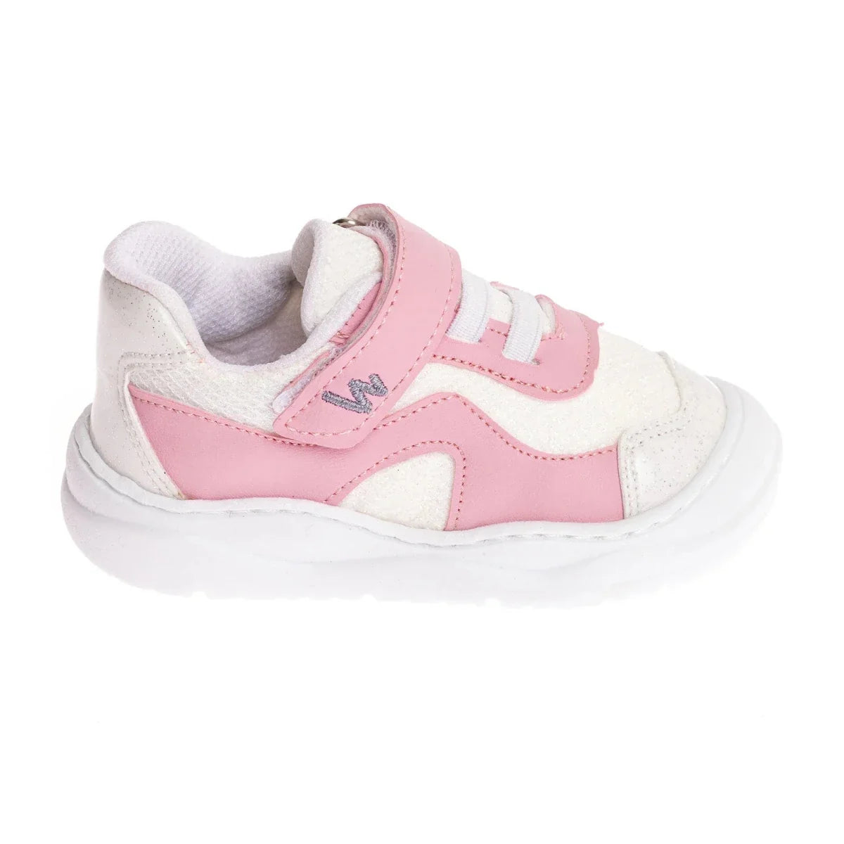 Girls first-step sneakers, pink-and-white, angled front with wide hook-and-loop strap