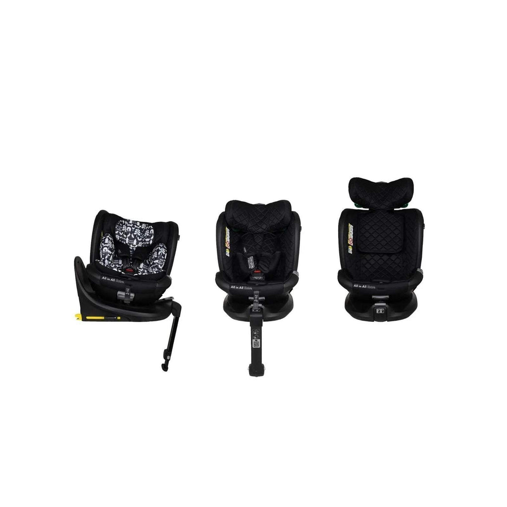 Cosatto i-Size 360 car seat set, multiple angles with black shell and animal print padding