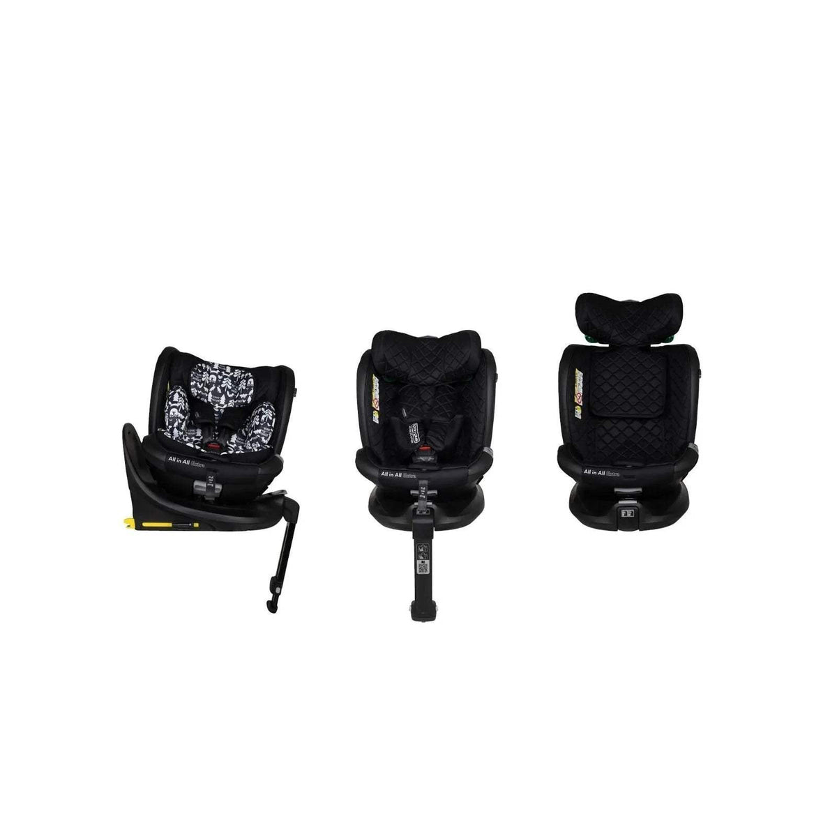 Cosatto i-Size 360 car seat set, multiple angles with black shell and animal print padding