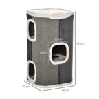 Grey sisal cat barrel scratcher with three plush-lined openings and white top cushion