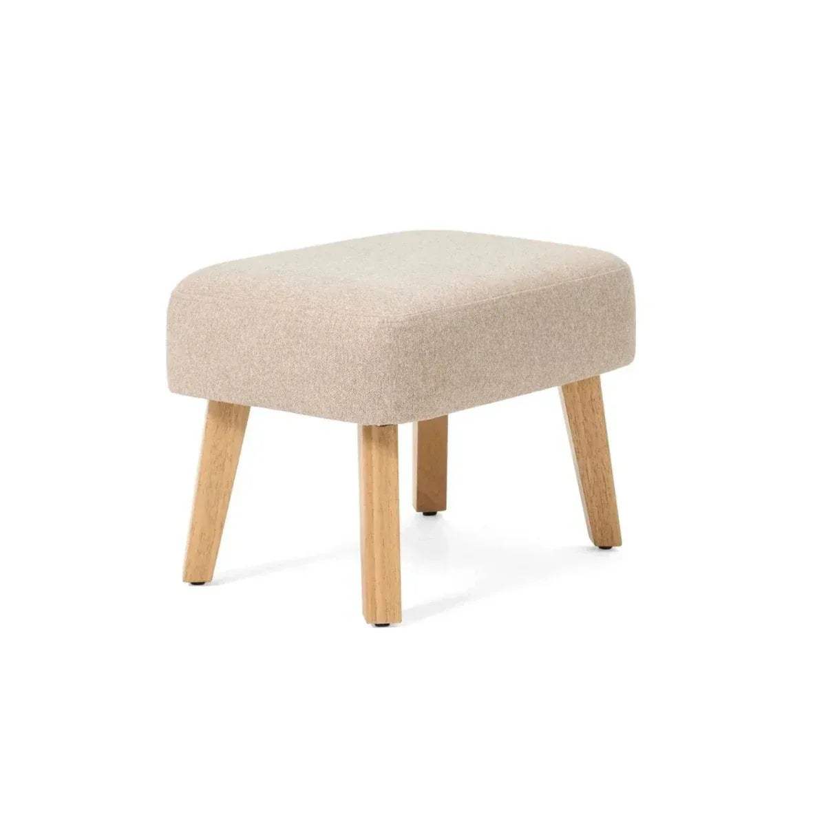 Stone upholstered foot stool with padded seat and four light wood legs.