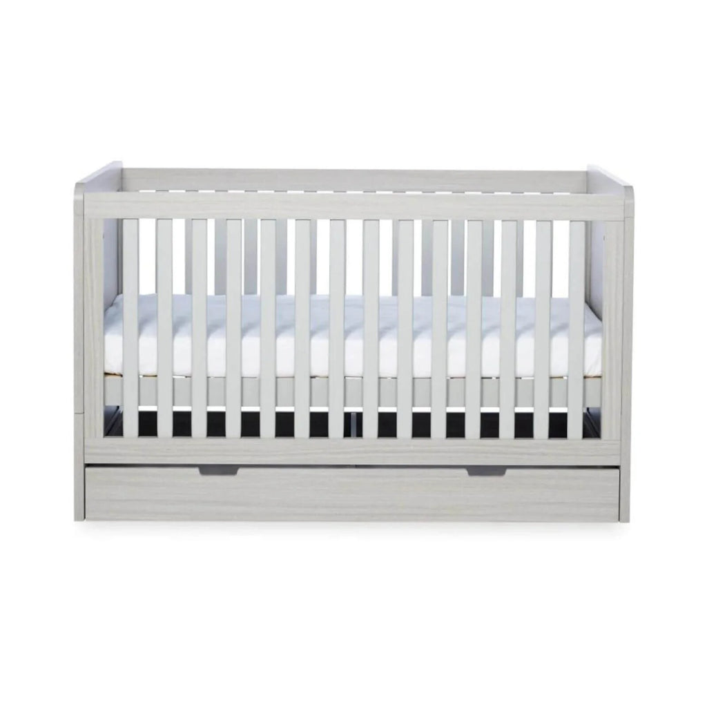 Ash grey cot bed frame with slatted inner sides and under-drawer storage