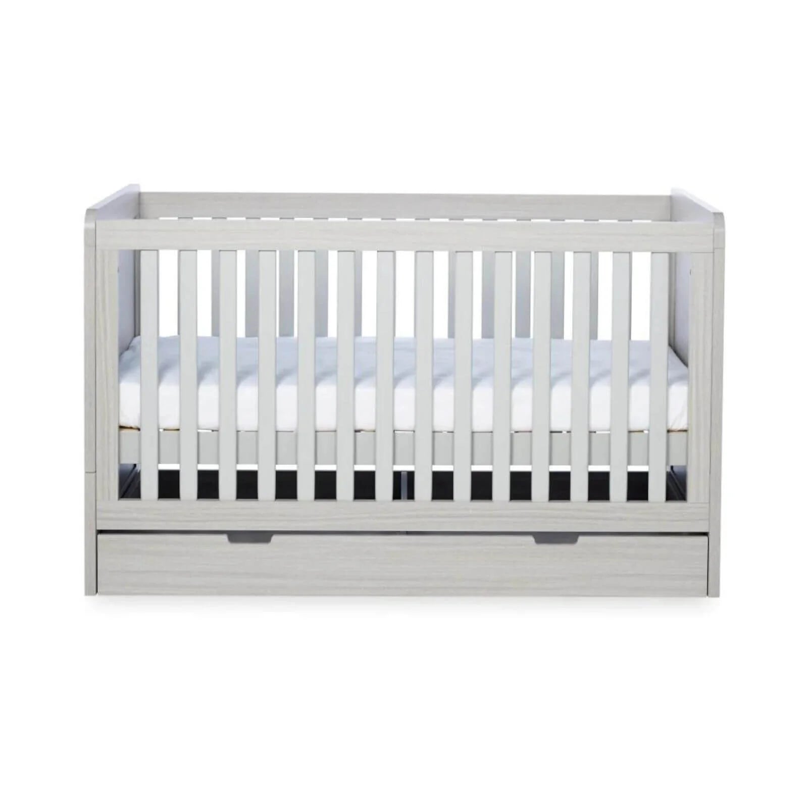 Ash grey cot bed frame with slatted inner sides and under-drawer storage