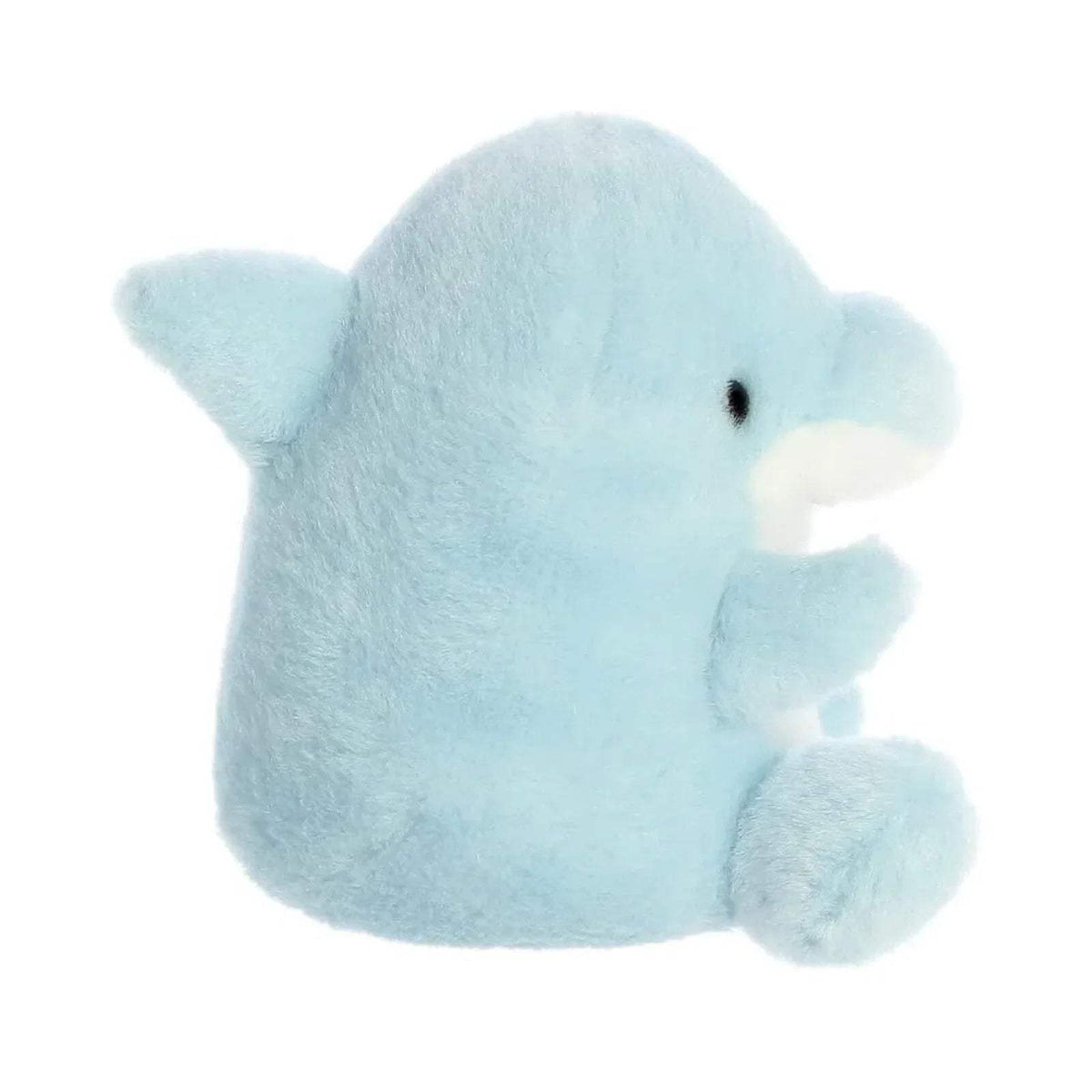 Light blue plush dolphin toy, side view with dark stitched eye and flipper