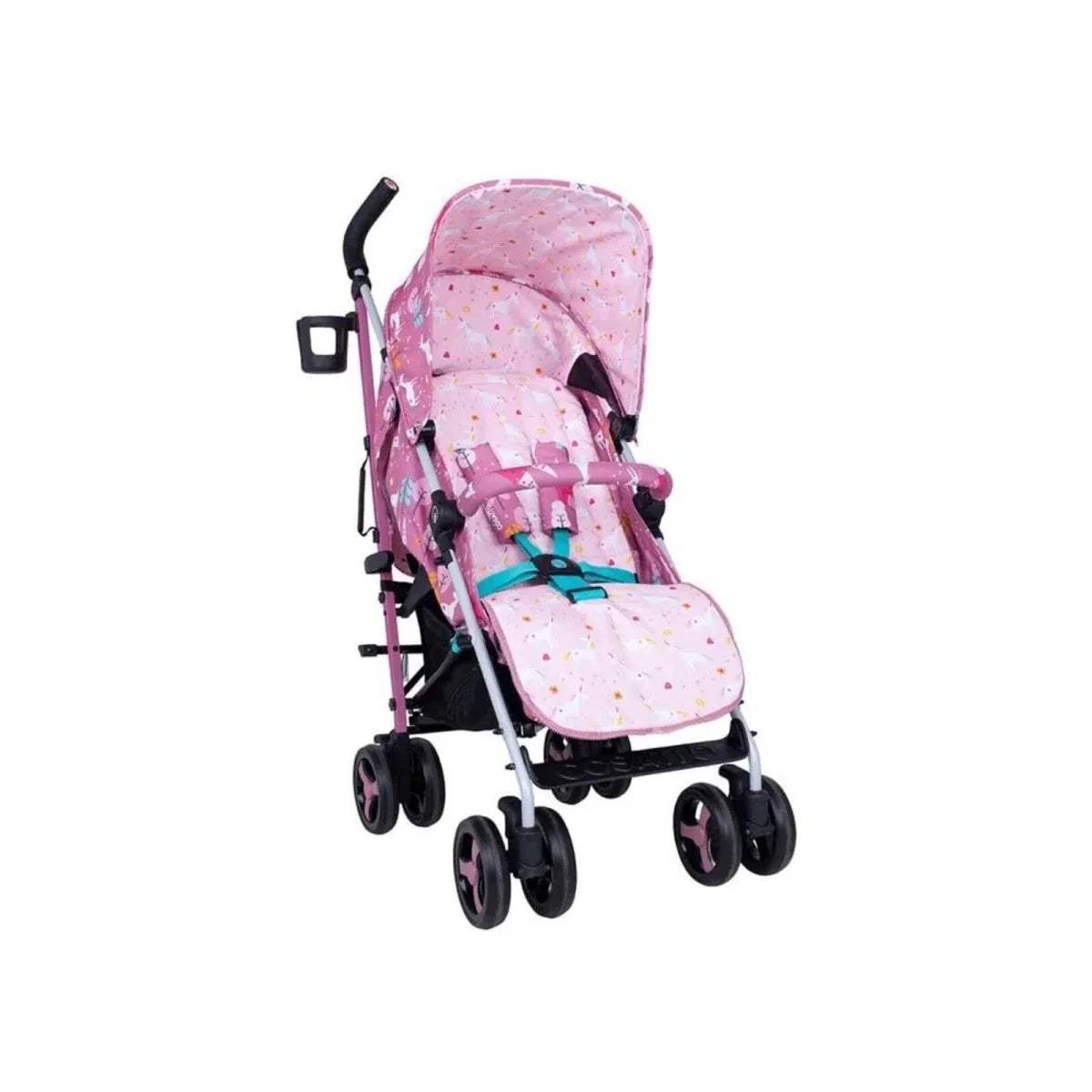 Pink unicorn print stroller angled front view with cushioned liner and harness