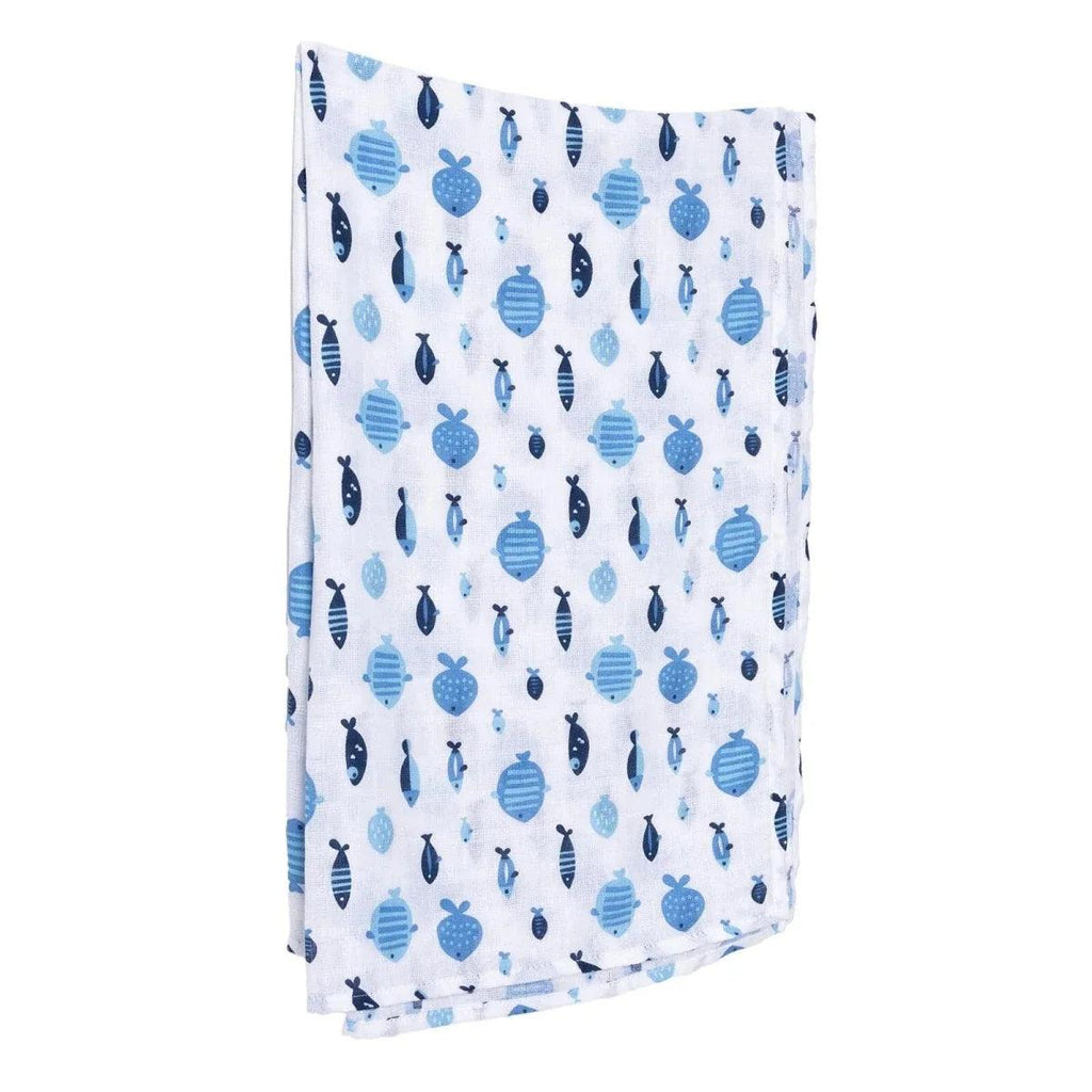 Blue muslin baby blanket folded with repeating fish and turtle print