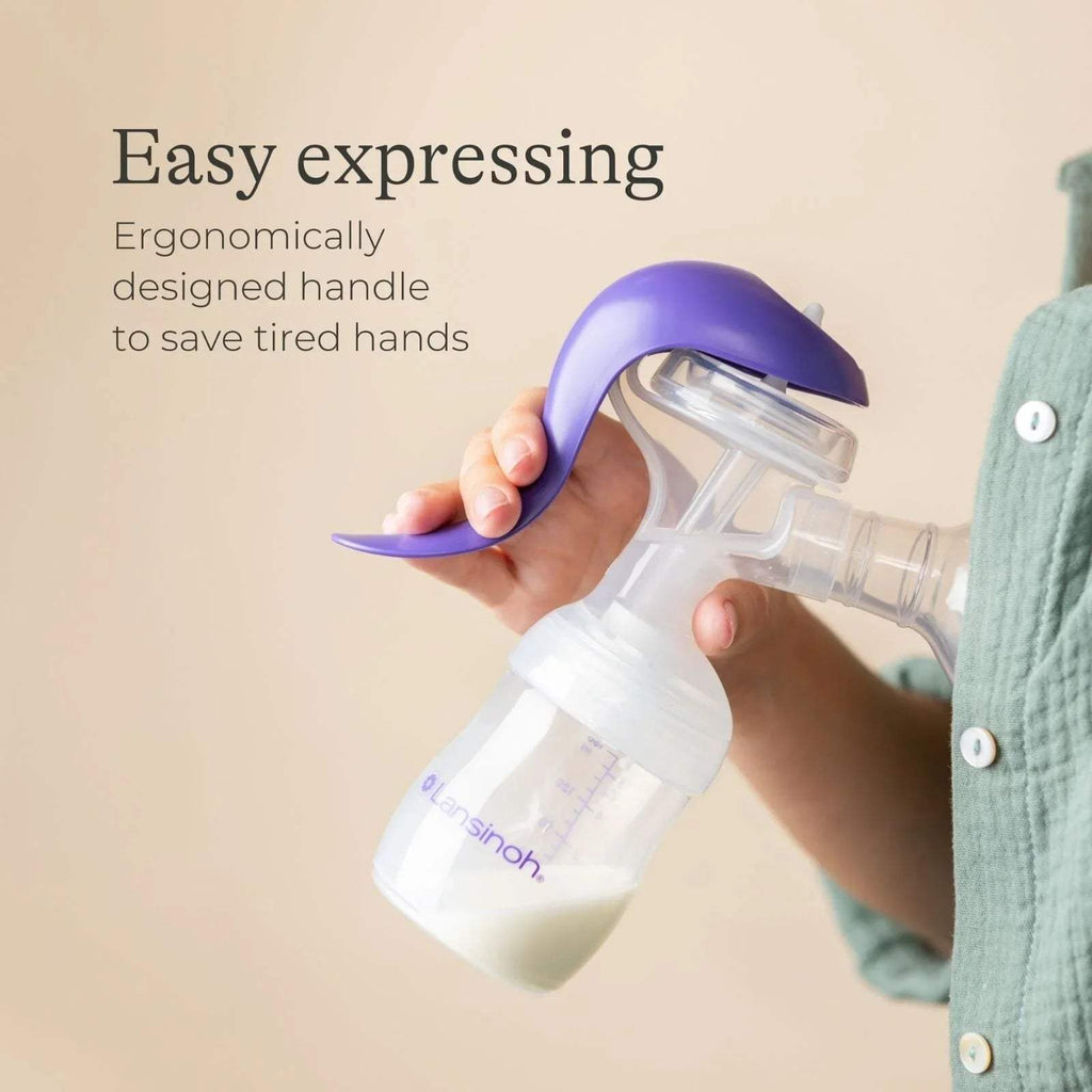 Lansinoh manual breast pump with ergonomic handle and clear measuring bottle