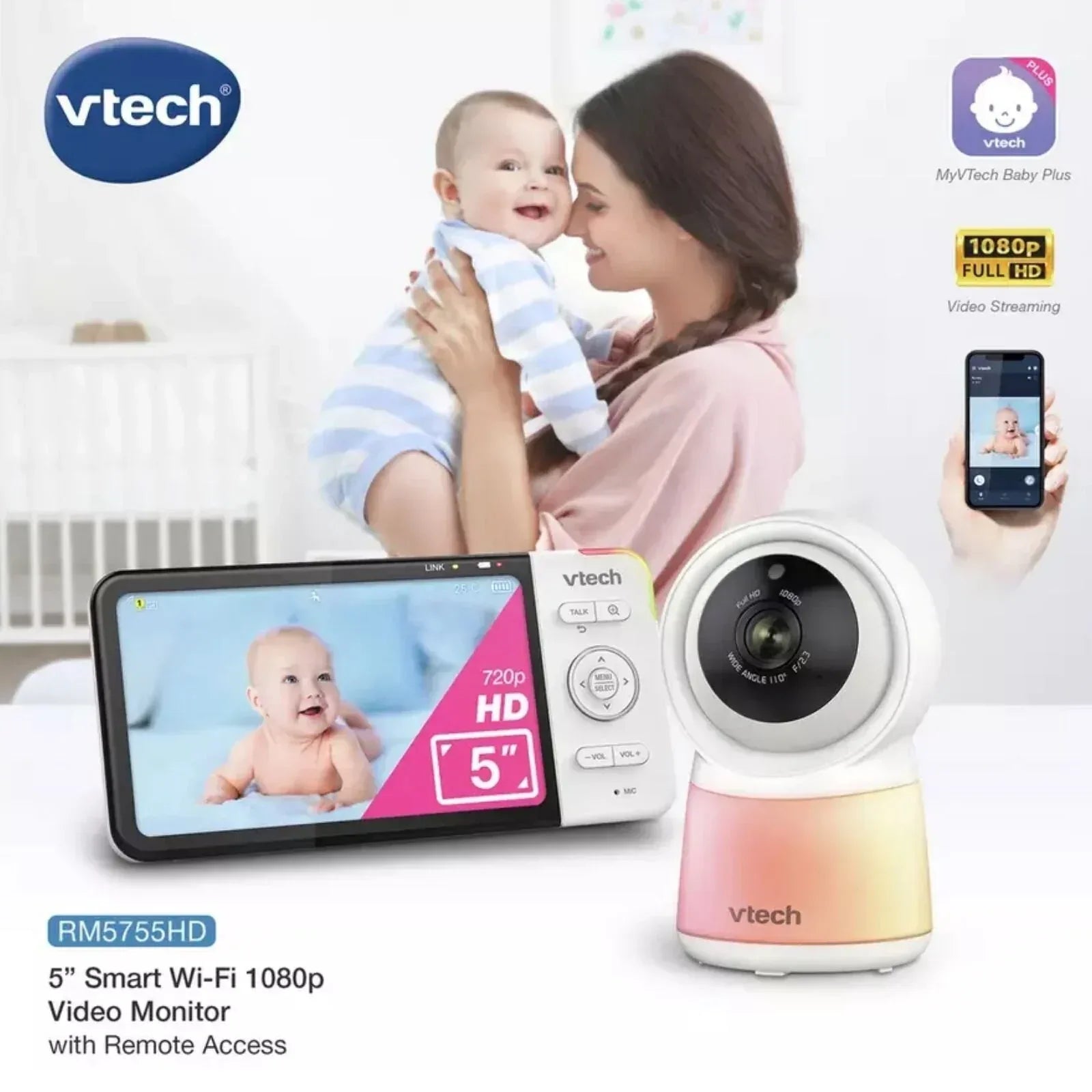VTech RM5755HD 5" Smart Wi-Fi 1080p Video Baby Monitor - Bobobiy