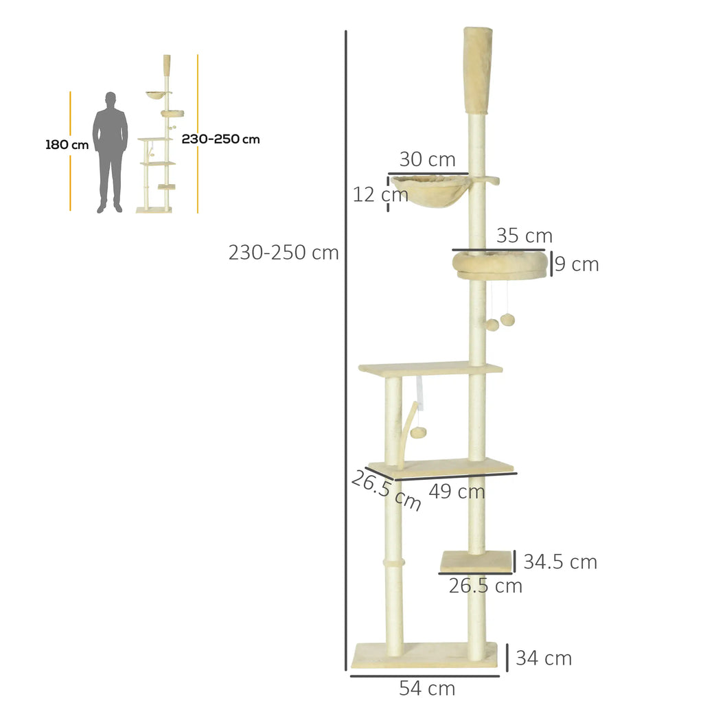 PawHut 230 250cm Floor to Ceiling Climbing Cat Tree Tower Beige