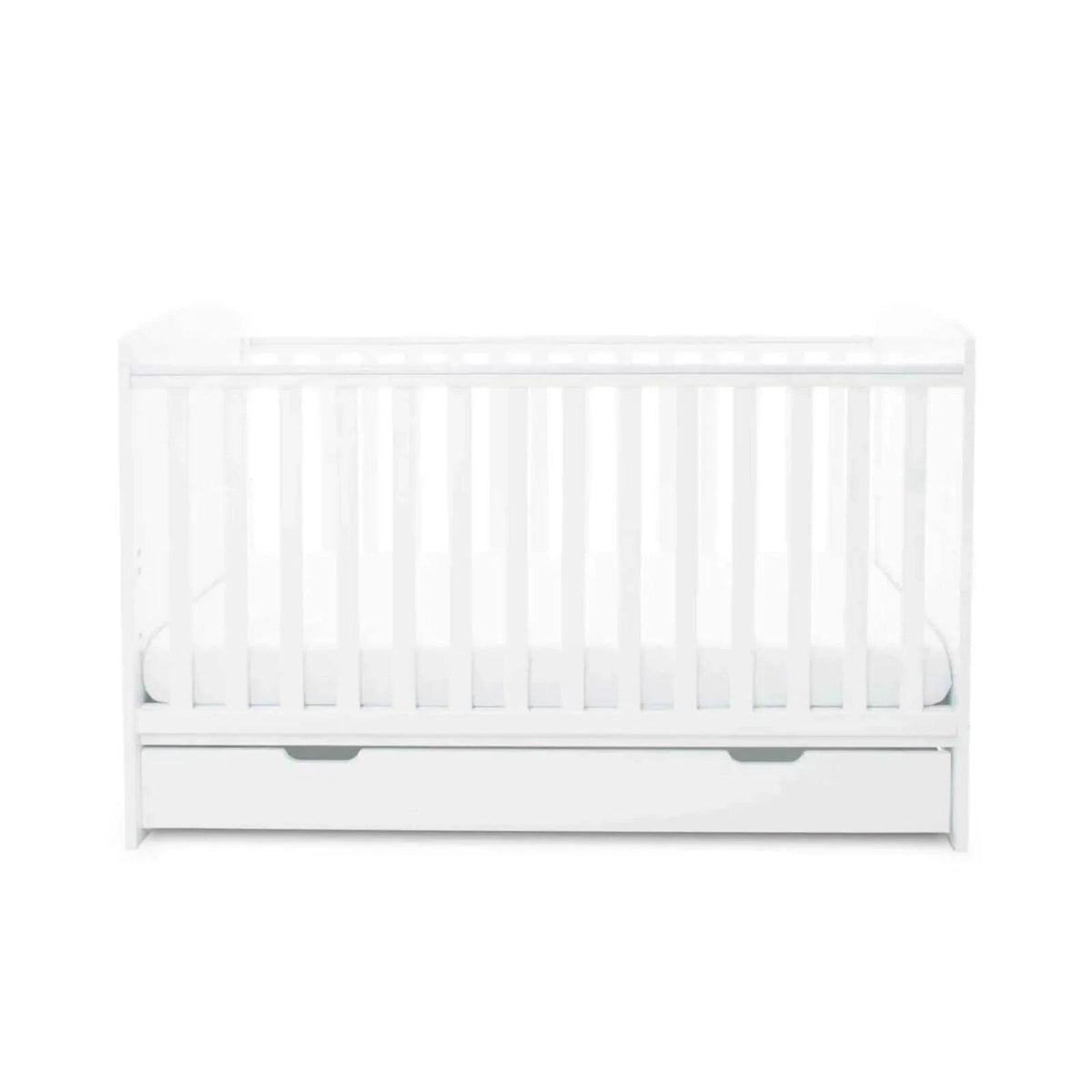 White cot bed with under drawer, front view showing vertical rail bars