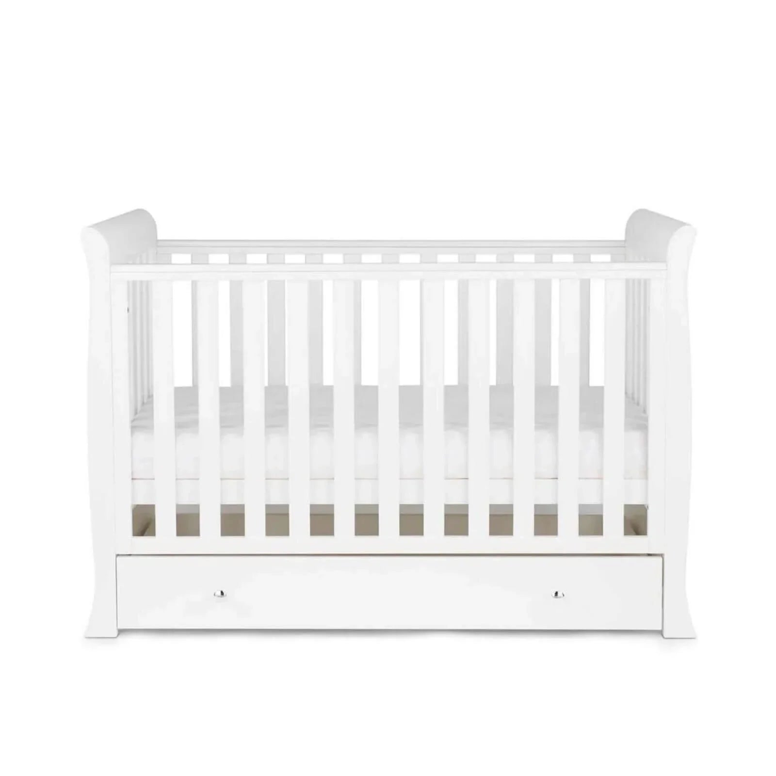 White mini cot bed with vertical slat rails and front drawer panel
