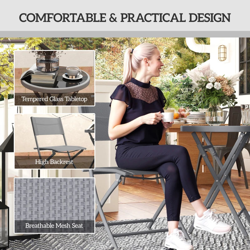 Grey bistro set: round tempered-glass tabletop with 2 mesh-back folding chairs