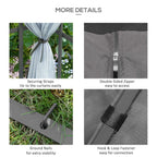Grey gazebo netting details: tie straps, double-sided zipper, hook-and-loop fastener