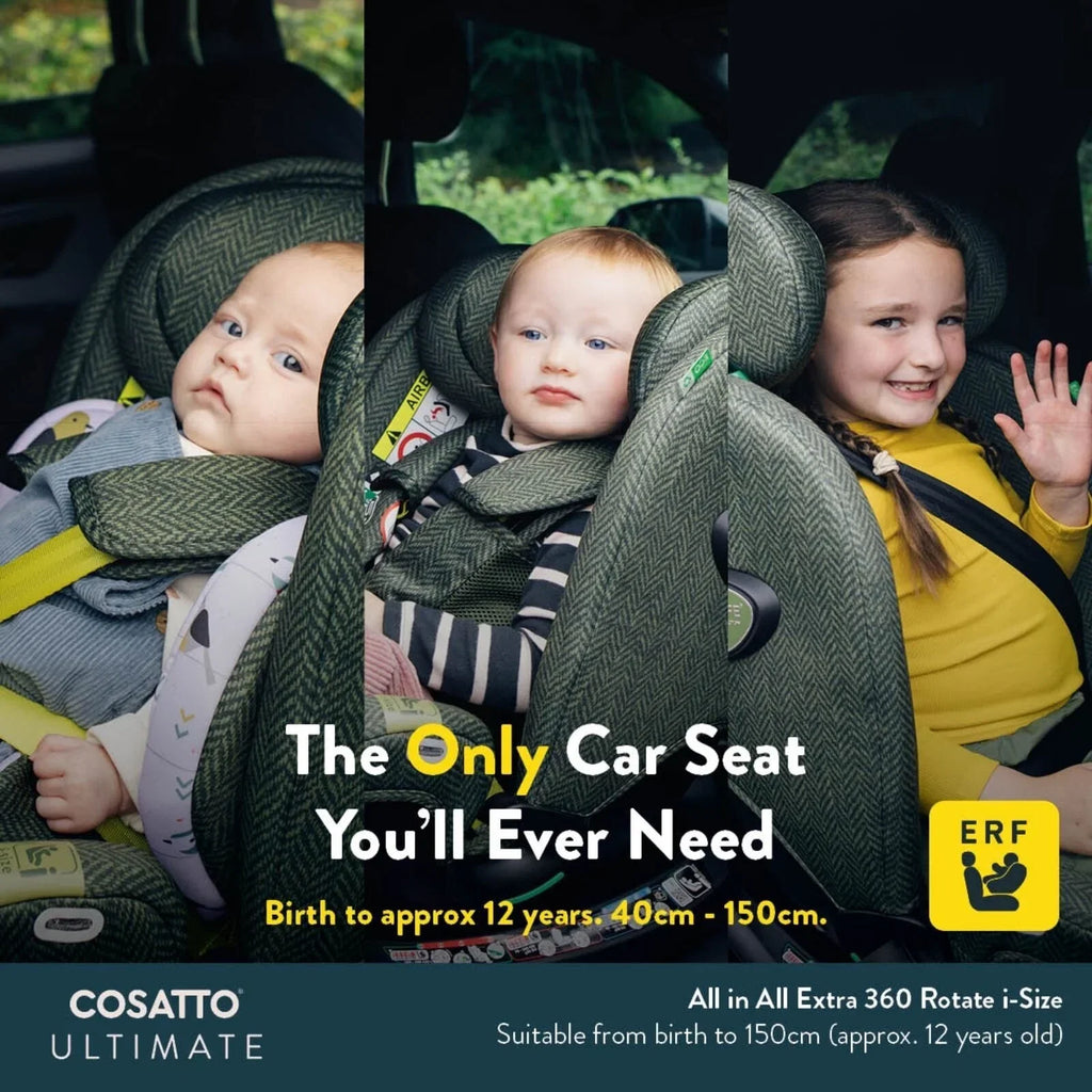 Green Cosatto car seat with patterned padding, harness straps and yellow belt
