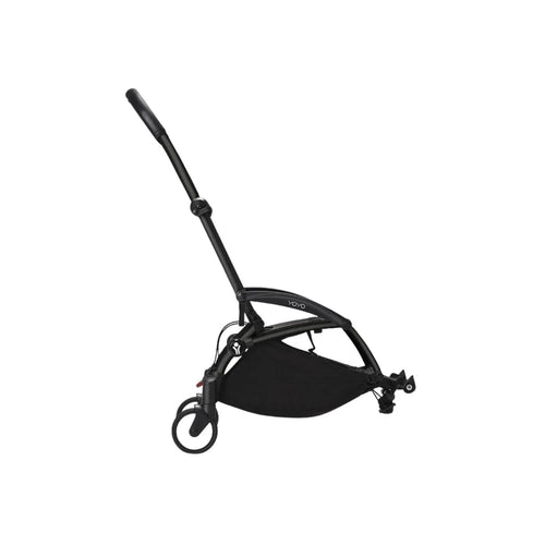 Black compact stroller with canopy, safety bar, and 4 wheels