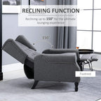 Light gray recliner armchair shown reclined with extended footrest