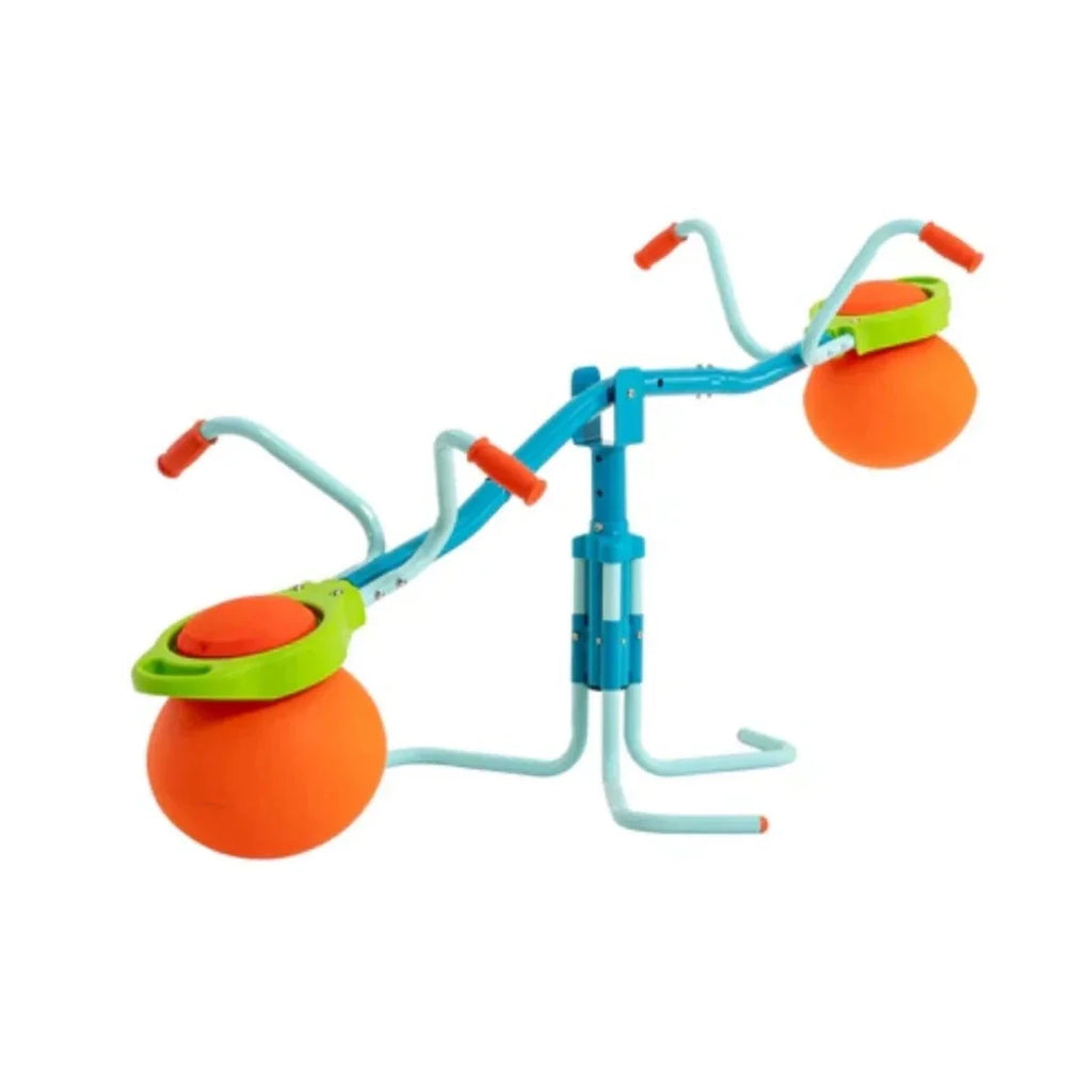 Blue balance hop seesaw with two orange ball seats and green platform grips
