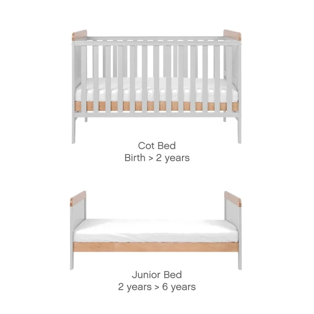 Cot bed showing slatted rails and light wood top panels