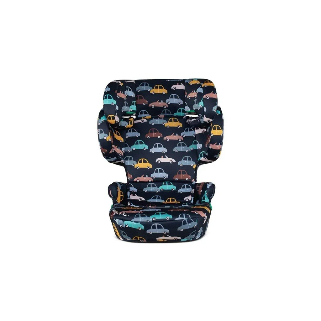 Kids car seat with navy car print fabric, headrest and padded harness pads