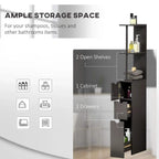 Dark brown bathroom storage cabinet with open shelves and drawer storage, side view